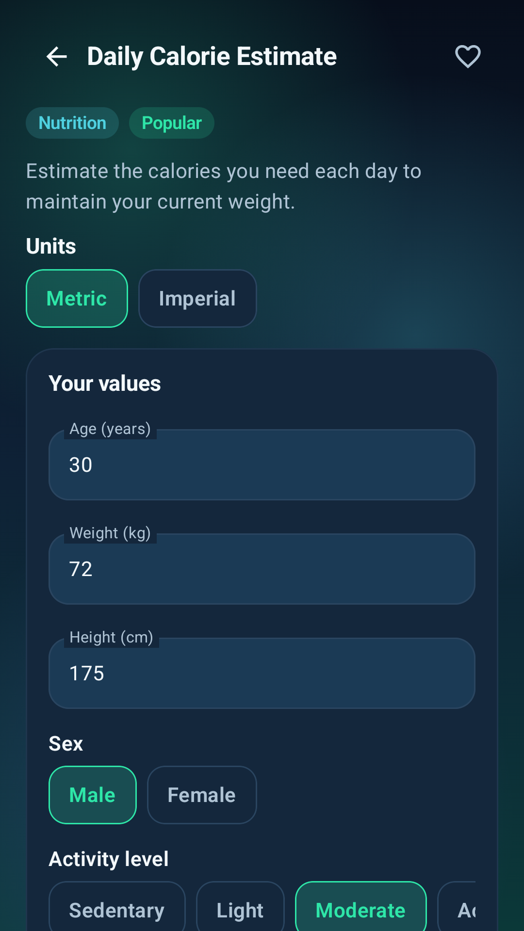 LifeCalc Pro Daily Calorie Estimate screen
