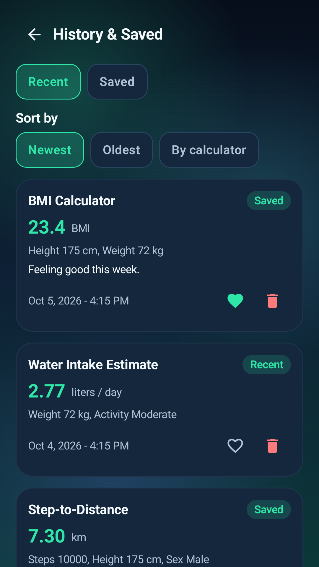 LifeCalc Pro History and Saved screen